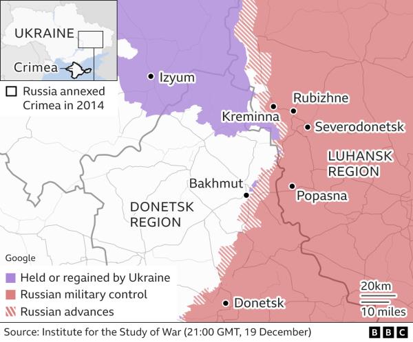 Map showing areas around Siversk, updated 19 Dec