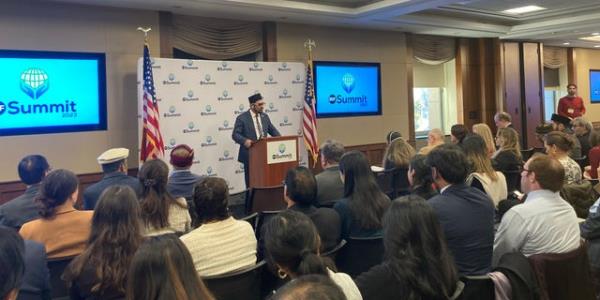 Co<em></em>ngressional Advocacy Day co-chair Amjad Khan speaks at the Capitol Visitor Center ahead of the Internatio<em></em>nal <p><p class=