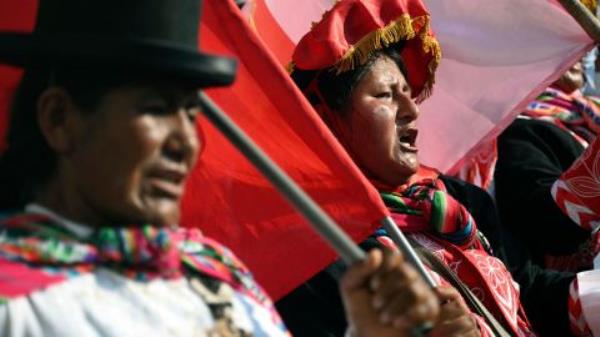 Indigenous women take part in a protest against the Boulwart government in Lima on January 24. 