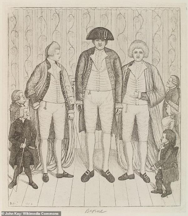 Charles Byrne is depicted here (center) in an engraving by John Kay (1784), along with the Kneipp brothers and the 'giant' dwarfs